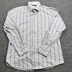 Zagiri Button Up Shirt Men XL Blue White Striped Floral Embroidered Long Sleeve
